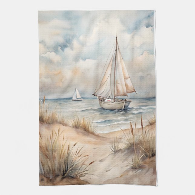 Peaceful Sailing Watercolor Coastal Tea Towel (Vertical)