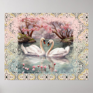 Peaceful Scene Swans on Lake - Teal Blush  Poster