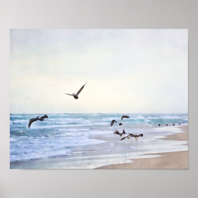 Peaceful Sea Birds at Shore Watercolor Style Print (Front)