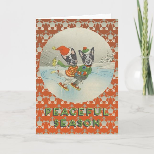 Peaceful Season: Skating Australian Cattle Dogs Holiday Card (Front)