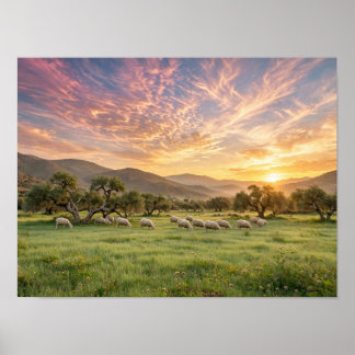 Peaceful Sheep Grazing at Sunset Poster - Moroccan