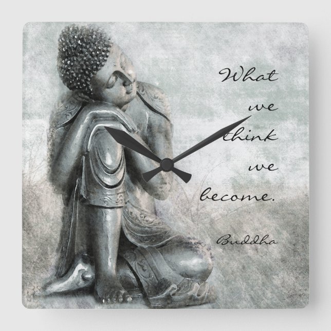 Peaceful Silver Buddha With Wise Quote Square Wall Clock (Front)
