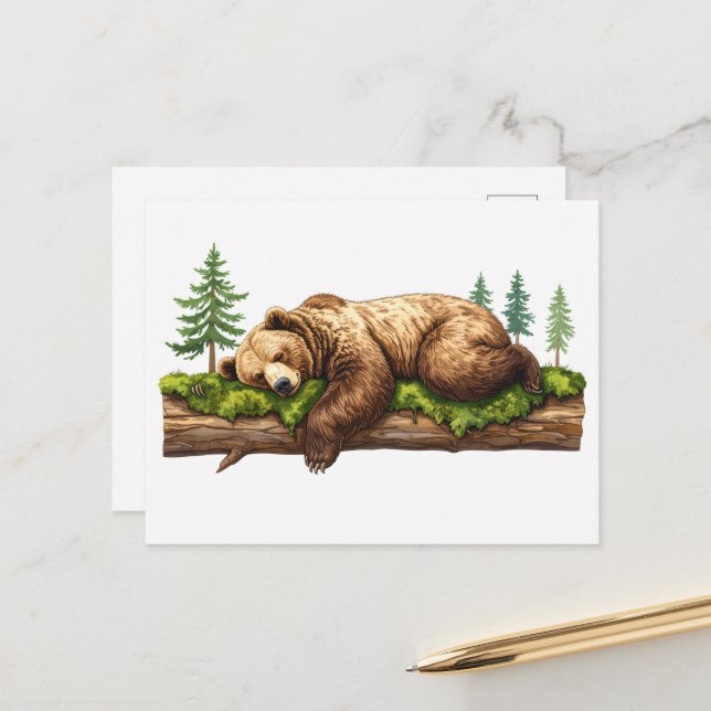 Peaceful Sleeping Grizzly Bear Forest Illustration Postcard (Front/Back In Situ)