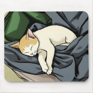 Peaceful Sleeping Kitten on Cosy Blanket Mouse Pad