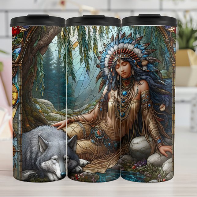 Peaceful Slumber, Wolf Guardian, Forest Nook. Thermal Tumbler (Creator Uploaded)