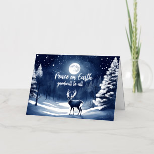 Peaceful Snow Winter Forest Full Moon and Buck Foil Greeting Card