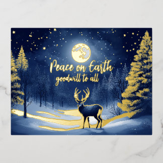 Peaceful Snow Winter Forest Full Moon and Buck Foil Holiday Postcard