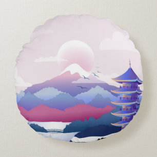 Peaceful Temple Scenery At Dawn Round Cushion