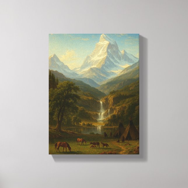 Peaceful Valley with Horses and Waterfall Canvas Print (Front)