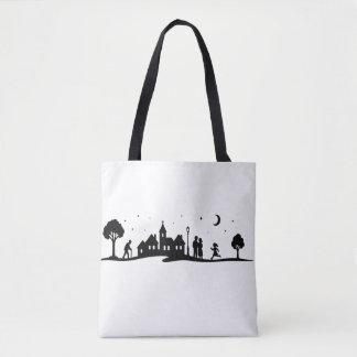 Peaceful Village Night Silhouette Scene Tote Bag
