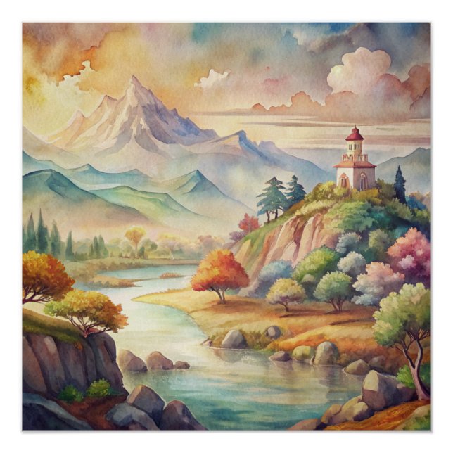 Peaceful Watercolor Mountain River Scene  Poster (Front)
