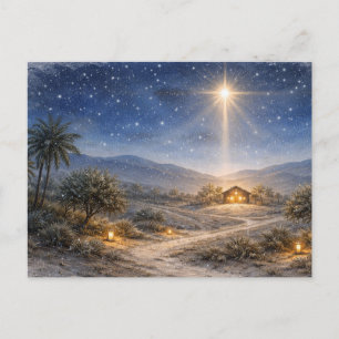 Peaceful Watercolor Nativity Star Over Bethlehem Holiday Postcard