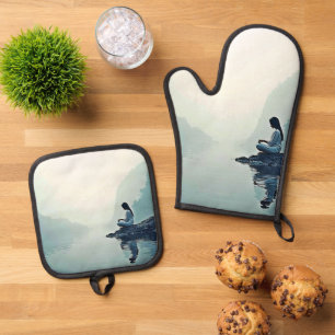 Peaceful Waterside Meditation Design Oven Mitt & Pot Holder Set