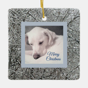 Peaceful White Puppy Dog Snowy Day Blue Snowy Ceramic Ornament