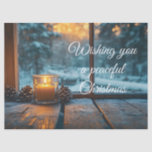 Peaceful winter Christmas decoration in the window Tissue Paper<br><div class="desc">Tranwuil lit candle and pinecones on a wood near a window,  with a beautiful snowy landscape in the bacgkround. Festive,  Christmas design wuth customizable text.</div>