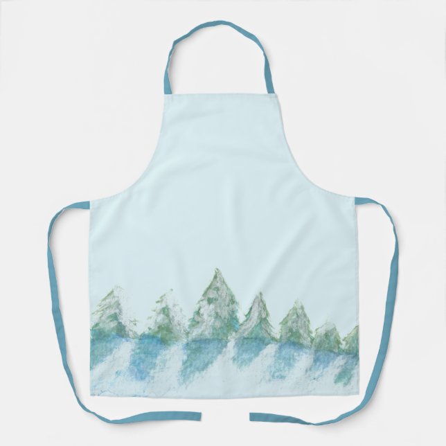 Peaceful Winter Forest Snow Watercolor Drawing Apron (Front)