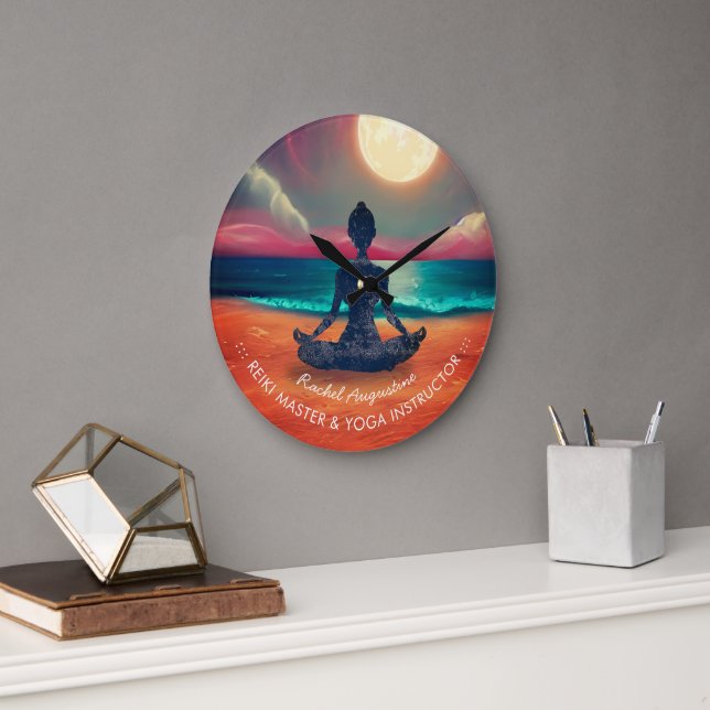 Peaceful Yoga Meditation Moonlight Sky Ocean Beach Large Clock (Office)