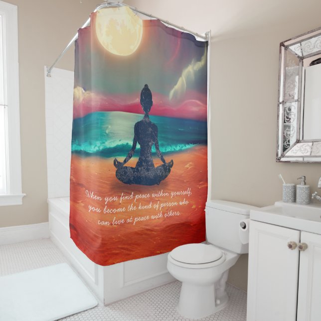 Peaceful Yoga Meditation Moonlight Sky Ocean Quote Shower Curtain (In Situ)