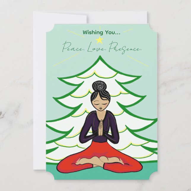 Peaceful Yogi by Christmas Tree Holiday Card (Front)