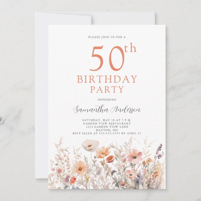 Peach 50th Birthday Floral  Invitation (Front)