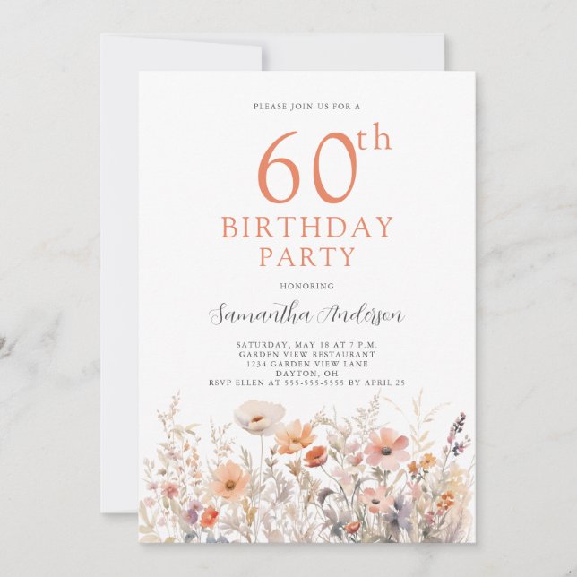 Peach 60th Birthday Floral  Invitation (Front)