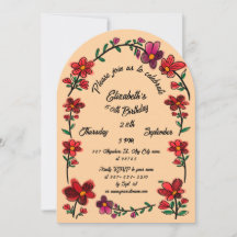 Peach 60th Birthday Party Whimsical Doodle Flowers