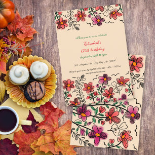 Peach 60th Birthday Spring Unique Doodle Flowers  Invitation