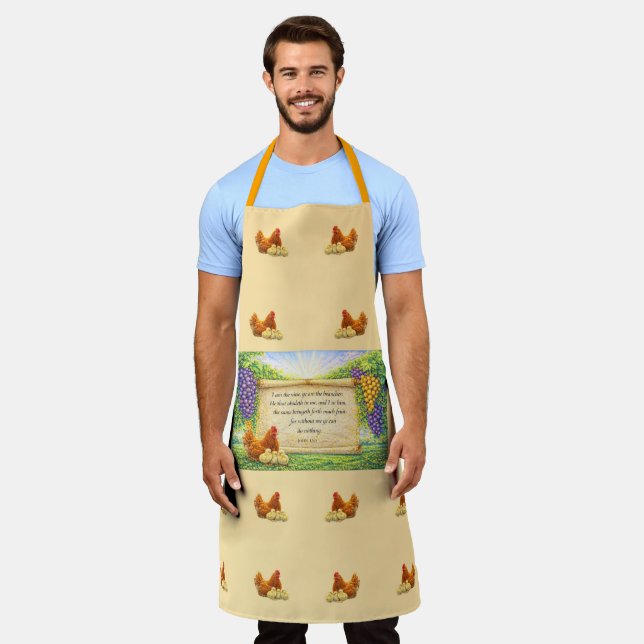 Peach All-Over Apron with Chickens & Bible Verse (Worn)