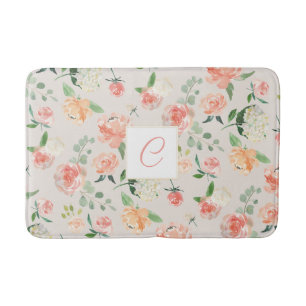 Peach and Beige Floral Pattern with Any Monogram Bath Mat
