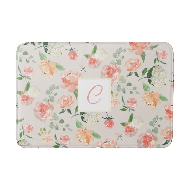 Peach and Beige Floral Pattern with Any Monogram Bath Mat (Front)