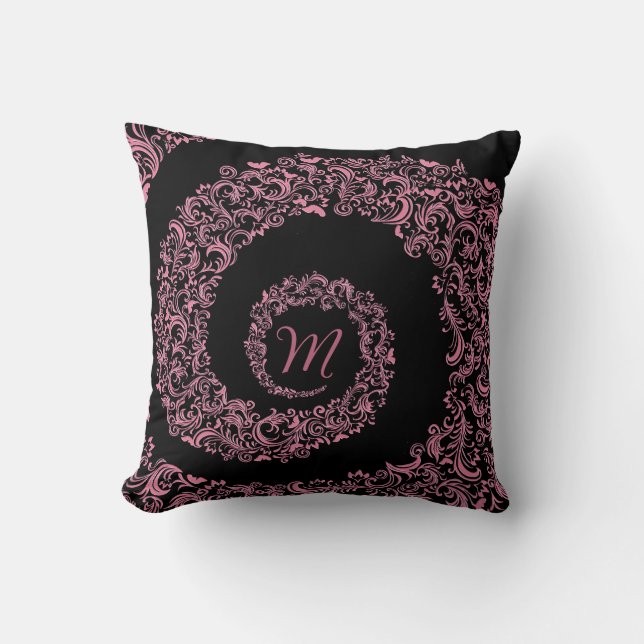 Peach and Black Damask Monogram Cushion (Front)