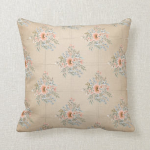 Peach and Blue Bouquets on Tan Shaded Throw Pillow