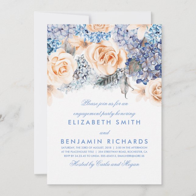 Peach and Blue Floral Watercolors Engagement Party Invitation (Front)