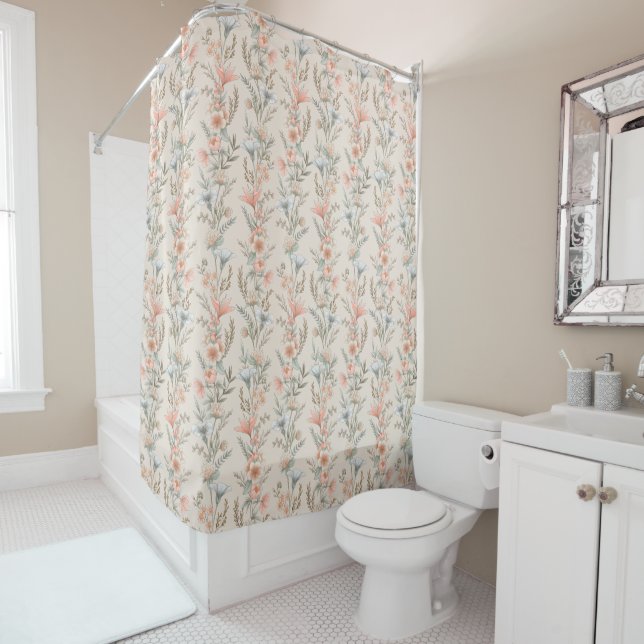Peach and Blue Flower Garlands Custom Colour Shower Curtain (In Situ)