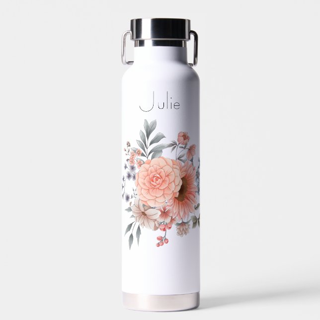Peach and Blue Sage Charming Flowers No Plastic Water Bottle (Front)