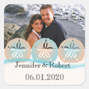 Peach and Blue Sand Dollars Beach Wedding Square Sticker