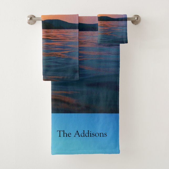 Peach and Blue Sunset Lake Beach Nature Photo Bath Towel Set (Insitu)