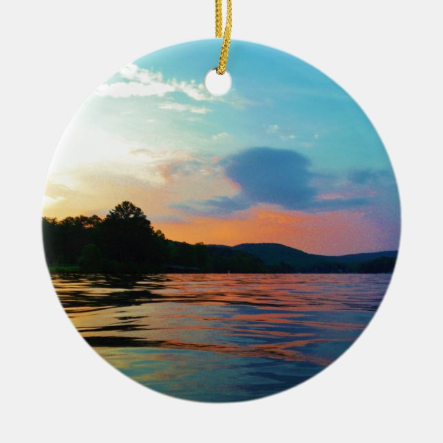Peach and Blue Sunset on mountain Lake Ceramic Tree Decoration (Front)