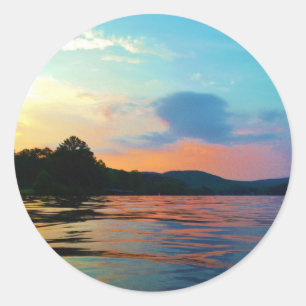 Peach and Blue Sunset on mountain Lake Classic Round Sticker