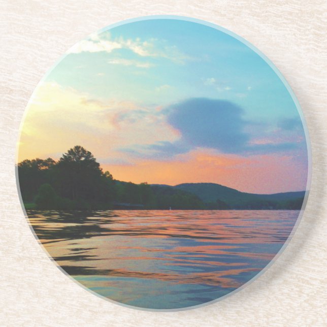Peach and Blue Sunset on mountain Lake Coaster (Front)