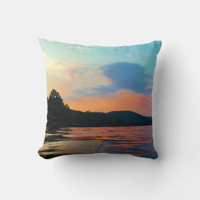 Peach and Blue Sunset on mountain Lake Cushion (Front)
