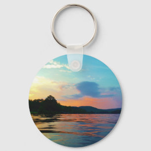 Peach and Blue Sunset on mountain Lake Key Ring