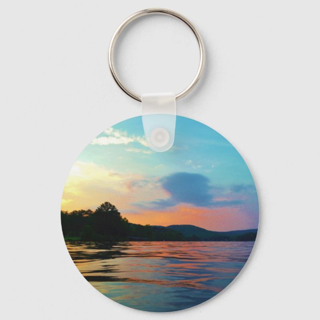 Peach and Blue Sunset on mountain Lake Key Ring (Front)