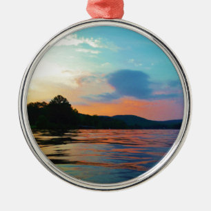 Peach and Blue Sunset on mountain Lake Metal Tree Decoration