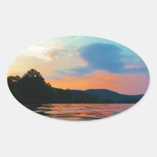 Peach and Blue Sunset on mountain Lake Oval Sticker