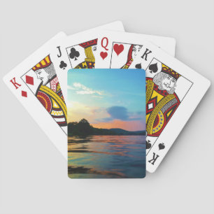 Peach and Blue Sunset on mountain Lake Playing Cards
