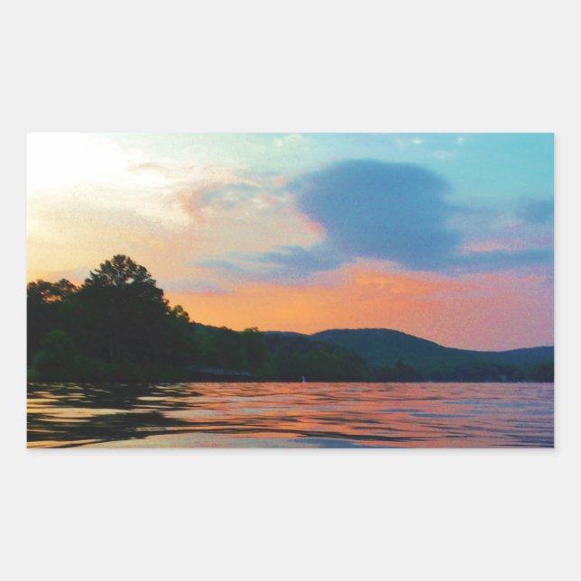 Peach and Blue Sunset on mountain Lake Rectangular Sticker (Front)