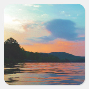 Peach and Blue Sunset on mountain Lake Square Sticker
