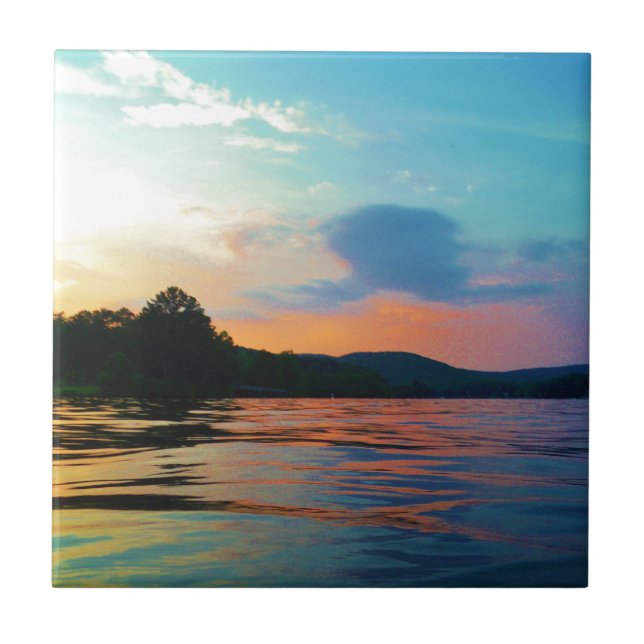 Peach and Blue Sunset on mountain Lake Tile (Front)