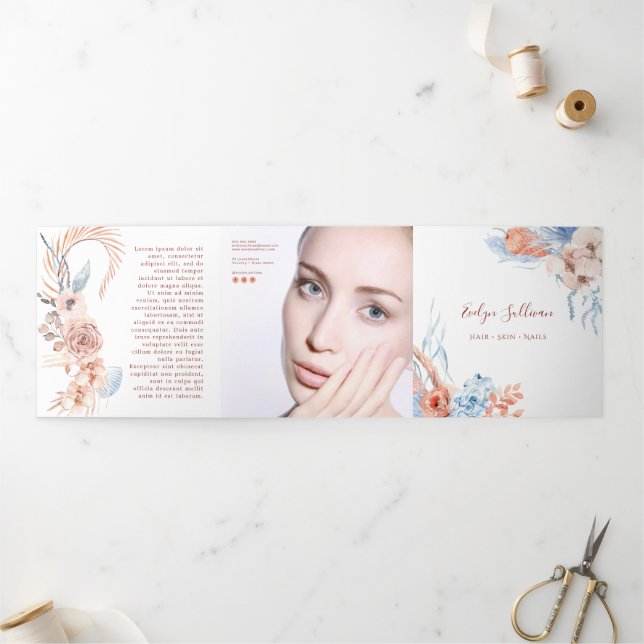 Peach and blue tropical trifold brochure (Outside)
